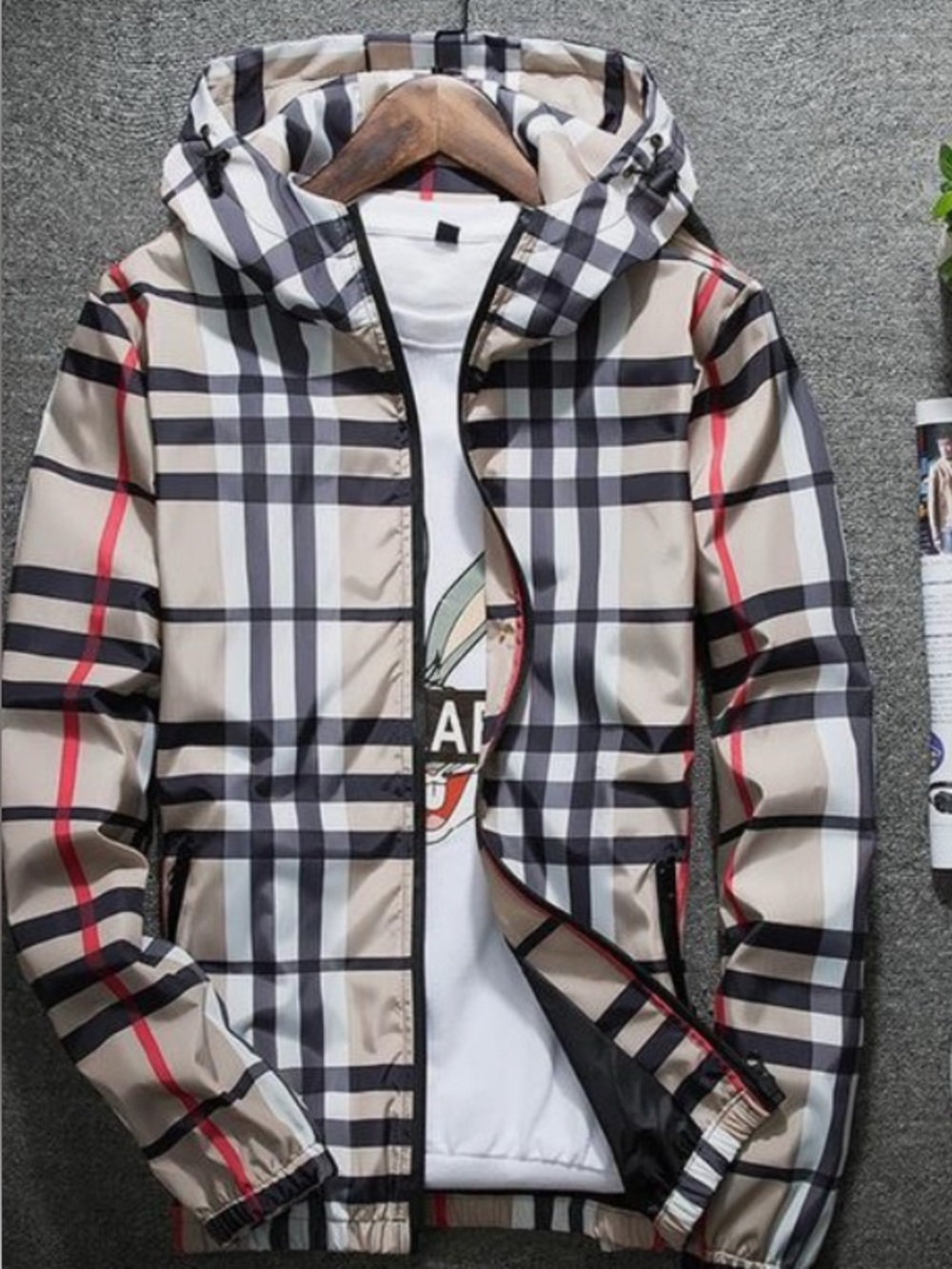 Plaid Hooded Windbreaker Jacket - Gray/Black/Red